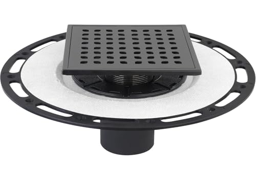 6-Inch Square Shower Drain Kit with Bonding Flange, Matte Black | Removable 304 stainless steel grate with hair strainer; fits 2- and 3-inch pipes for tiled shower floors and wet areas - size: 6in-Black