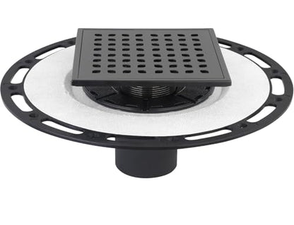 6-Inch Square Shower Drain Kit with Bonding Flange, Matte Black | Removable 304 stainless steel grate with hair strainer; fits 2- and 3-inch pipes for tiled shower floors and wet areas - size: 6in-Black
