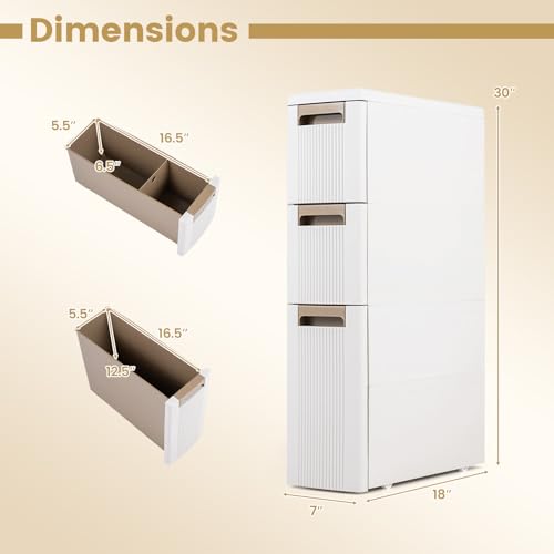 Byroce 3-Tier Narrow Storage Cabinet with Wheels, Slim Rolling Plastic Drawer Organizer with Removable Dividers, Skinny Storage Cart for Small Spaces, Bathroom & Kitchen (1PC, 3-Drawer), Beige - size: 3-Drawer