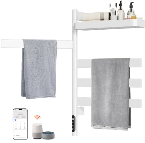 ENZE Smart Rotating Heated Towel Rack, 4-Bar, White | Wall-Mounted Electric Towel Warmer, Swivel Shelf, Wi-Fi App Control, 24H Timer, Stainless Steel - color: White 17.72"x26.77"