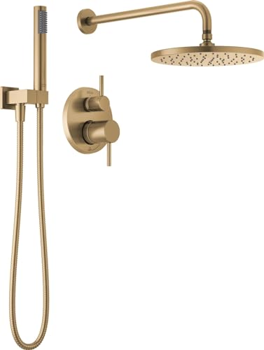 Delta Modern 14 Series Round Rain Shower System Faucet Set, Rainfall Brushed Gold Shower Head and Handle Set, Valve Trim Kit, 10 Inch, Champagne Bronze 342702-CZ - color: Champagne Bronze