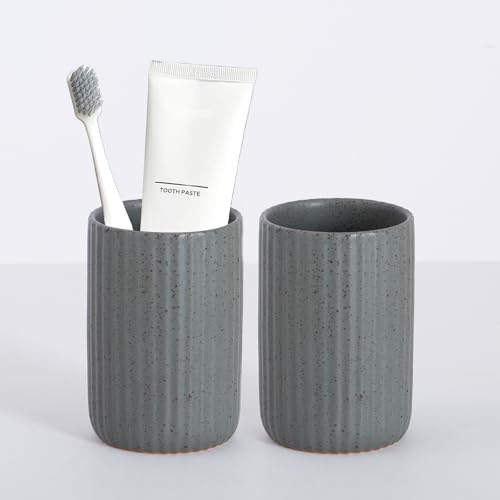 Ceramic Bathroom Tumbler, Ribbed Bathroom Toothbrush Holder Cups, Tooth Brush Holder Set, Reusable Toothbrush Mouthwash Cup, Toothpaste Holder Toothbrush Organizer for Bathroom Counter - color: Gray