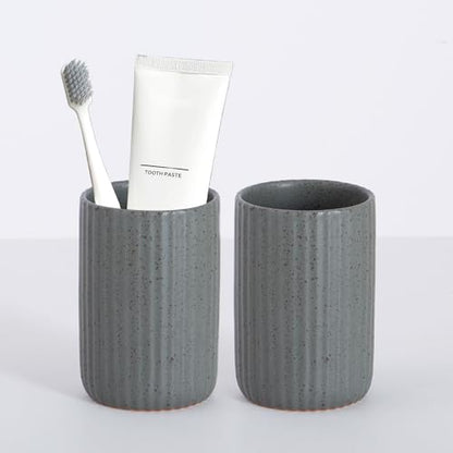 Ceramic Bathroom Tumbler, Ribbed Bathroom Toothbrush Holder Cups, Tooth Brush Holder Set, Reusable Toothbrush Mouthwash Cup, Toothpaste Holder Toothbrush Organizer for Bathroom Counter - color: Gray