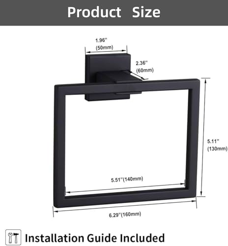 Bathroom Towel Holder,304 Stainless Steel Bathroom Hand Towel Rack,Wall-Mounted Bath Towel Holder,Simple Square Towel Ring (Matte Black)