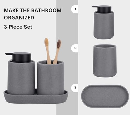 Clasin Home Grey Bathroom Accessories Set, 3 Pcs Resin Bathroom Accessories Complete Set, Sandstone Look Soap Dispenser with Large Pump, Toothbrush Cup, Soap Dish for Modern Home Decor and Kitchen