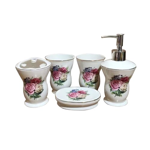 Bathroom Accessories Set 5 Pcs, Soap Dispenser, Toothbrush Holder, Bathroom Tumbler, Soap Dish Modern Bathroom Decor Housewarming Gift,Pink - color: Pink Rose