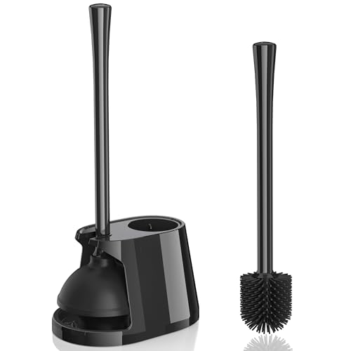 Toilet Plunger and Brush Set, Silicone Bowl Brush and Heavy Duty Toilet Plunger with Ventilated Holder, 2-in-1 Toilet Brush and Plunger Combo for 5.3-inch Toilet Drain Bathroom Deeply Cleaning (Black) - color: Black01