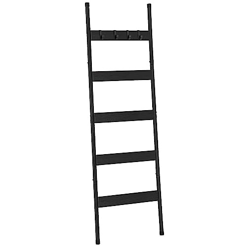 HOOBRO Blanket Ladder, 5-Tier Towel Rack with Hooks, Wall-Leaning Blanket Rack, Decorative Display Ladder Shelf, Scarves, Industrial, Living Room, Bedroom, Black BB52CJ01 - color: Black + Black, size: 17.3"L x 63"W
