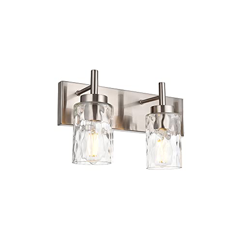 BONLICHT Bathroom Light Fixtures Modern 2 Light Brushed Nickel Vanity Light Wall Sconces Contemporary Metal Wall Lights with Clear Water Glass Shade,Industrial Farmhouse Porch Hallway Wall Mount Lamp - color: Brushed Nickel, size: 2 Lights