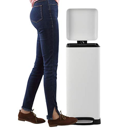 happimess Betty 8 Gal Step Trash Can Soft-Close Lid, Cotton White | Fingerprint Resistant, Removable Liner, Semi-Rectangular, Steel Pedal, Iron Powder Coated, 27" Height, Non-Skid Base - color: White