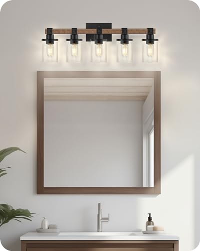 5-Light Bathroom Light Fixture, Farmhouse Vanity Lights for Bathroom with Glass Shade, Rustic Bathroom Light Fixtures, E26 Base F10BD05W1 - size: 5-Light