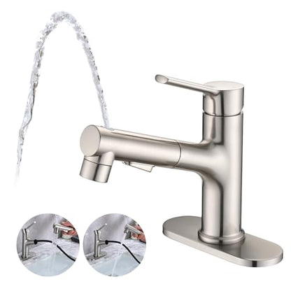 Bathroom Sink Faucet with Pull Out Sprayer, Single Handle Modern Bathroom Basin Faucet with Pop-up Sink Drain Stopper & Deck Plate 1 or 4-inch Centerset 3 Hole, Brushed Nickel - color: Brushed Nickel