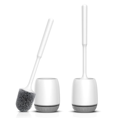 Toilet Brush, 2 Pack Toilet Bowl Brush and Holder Set Ergonomic Long Handle Toilet Scrubber with Ventilated Base for Quick Drying, for Bathroom Cleaning, White & Gray
