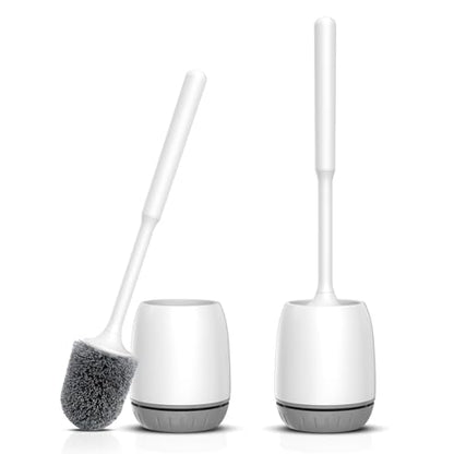 Toilet Brush, 2 Pack Toilet Bowl Brush and Holder Set Ergonomic Long Handle Toilet Scrubber with Ventilated Base for Quick Drying, for Bathroom Cleaning, White & Gray