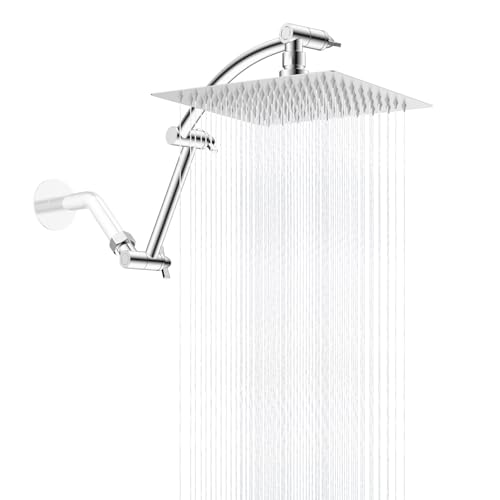 Hibbent All Metal 8'' Rain Shower Head with 16'' Extension Arm, Chrome | cUPC Certified High Pressure Rainfall Showerhead with Solid Brass Adjustable Shower Head Extension Arm, Fixed Showerheads - color: Chrome, style: Square 8''