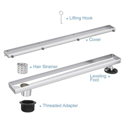 24 Inch Offset Linear Shower Drain, Brushed 304 Stainless Steel | Offset Side Outlet,Easy to install,Tile-In Grate,Hair Catcher,Leveling Feet,Complete Install Kit, Removable Grate Cover - color: Stainless Steel, size: 24 inch