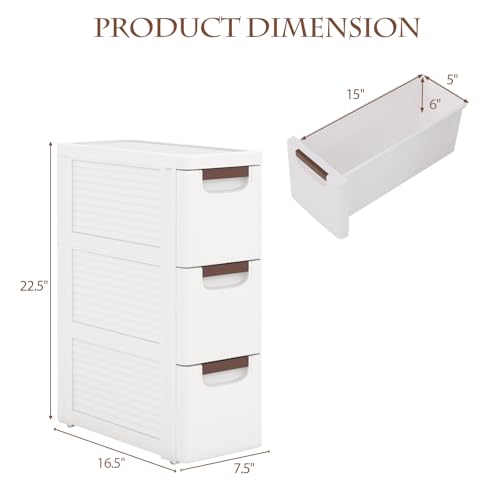 POWERSTONE 3-Drawer Plastic Storage Cart, Narrow Organizer Rolling Cart with 4 Wheels, Space-Saving Slim Mobile Utility for Bedroom, Bathroom, Office & Classroom - size: 22.5"H 3 Drawer