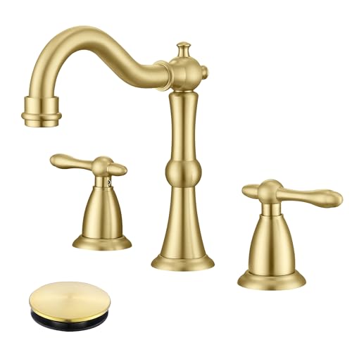 Antique Brushed Gold Bathroom Faucet 3 Hole, Widespread Bathroom Sink Faucet with Pop Up Drain and cUPC Supply Hose, Modern 2 Handle Vanity Faucet Gold JXM3073BG - color: Brushed Gold