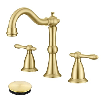 Antique Brushed Gold Bathroom Faucet 3 Hole, Widespread Bathroom Sink Faucet with Pop Up Drain and cUPC Supply Hose, Modern 2 Handle Vanity Faucet Gold JXM3073BG - color: Brushed Gold