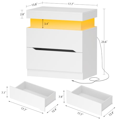 Night Stand with 2 Drawers, Nightstand with App-Controlled Adjustable LED Light, Bedside Table with Slidable Hidden Storage Space, Modern Nightstands for Bedroom,White - color: Unbzx031wd-zf