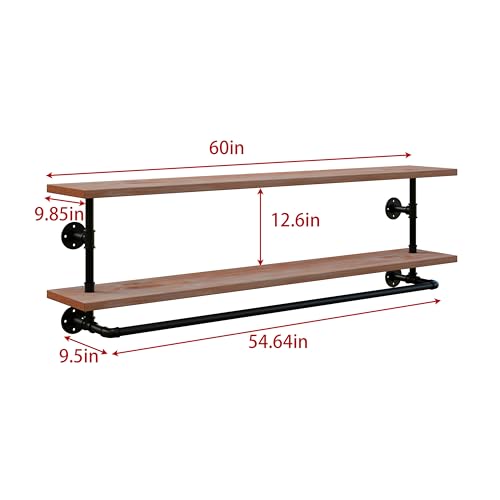 Clothes Rack 60in, 2-Tier Wall Mounted Garment Rack with Real Wood Shelf, Heavy Duty Hanging Clothes Rack, Multi-Purpose Hanging Rod, Space-Saving Closet Storage - color: Brown, size: 2T60IN