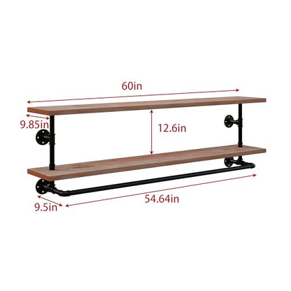 Clothes Rack 60in, 2-Tier Wall Mounted Garment Rack with Real Wood Shelf, Heavy Duty Hanging Clothes Rack, Multi-Purpose Hanging Rod, Space-Saving Closet Storage - color: Brown, size: 2T60IN