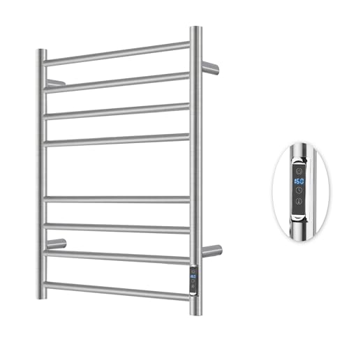 Heated Towel Racks for Bathroom, Wall Mounted Electric Towel Warmer Racks with Timer & Temperature Control, 8 Bar Stainless Steel Towel Heater for Bathroom, Brushed Silver, Plug-in - color: Round-brushed Silver, size: 8 Bars