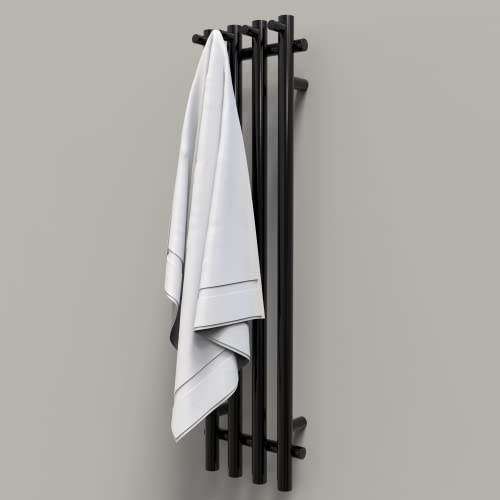 WarmRackCo Electric Heated Towel Rack with Timer - Black, Wall-Mounted Towel Warmer, 4 Vertical Bars, Plug-in or Hardwired, Round Luxury Design