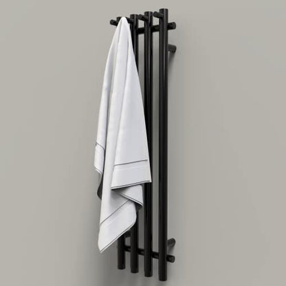WarmRackCo Electric Heated Towel Rack with Timer - Black, Wall-Mounted Towel Warmer, 4 Vertical Bars, Plug-in or Hardwired, Round Luxury Design