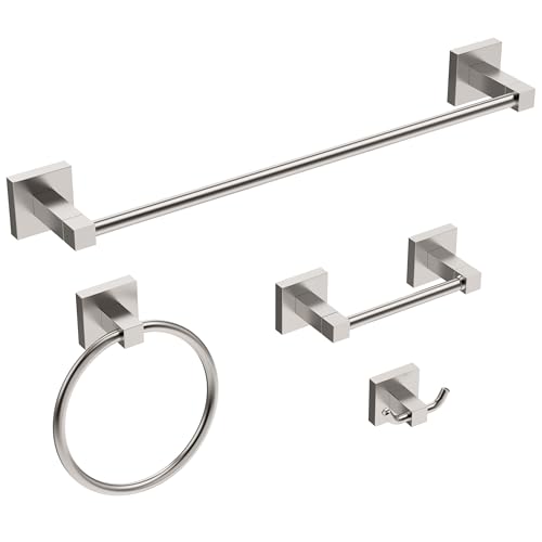 RUACQ Bathroom Accessories, 4-Piece Towel Racks for Bathroom Hardware Set | Brushed Nickel, 18" Towel Bar & Toilet Paper Holder & Towel Ring & Towel Hook, Wall Mounted, 304 Stainless Steel, Square Base - color: Brushed Nickel, size: 4pcs