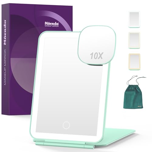 Mocado LED Foldable Travel Makeup Mirror - 5x7 inches3 Colors Light Modes USB Rechargeable Touch Screen, Portable Tabletop Cosmetic Mirror for Travel, Cosmetic, Office (Green) | Magnetic 10x Magnifying, 3 Colors Light, 0-100% Brightness Adjustable, 2000mA