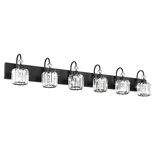 Ralbay Modern 6-Light Black Crystal Vanity Lights for Bathroom - Matte Black Crystal Wall Light Fixtures - color: Round-Black, size: 6-light