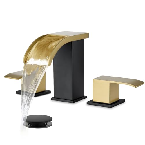 gotonovo Waterfall Bathroom Faucet 3 Hole Square Body,Brushed Gold&Black | SUS304 8’’ Widespread Bathroom Sink Faucet,2.17’’ Wide Spout,24’’ cUPC Hose,Pop Up Drain,2 Handle,Vanity,Lavatory,Basin,RV - color: Gold&Black