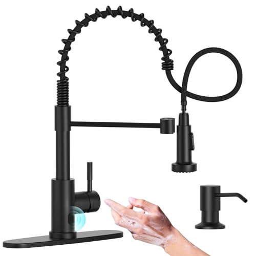 APPASO Black Touchless Kitchen Faucet with Soap Dispenser | Motion Sensor Activated Hands-Free Automatic Faucet for Sink with Pull Down Sprayer, Single Handle Faucets for Kitchen Sink - color: Sensor Black