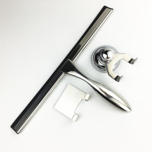 Holibanna 3pcs Stainless Steel Shower Squeegee for Glass and Tile with Suction Cup and Hooks Holder, Heat and Cold Resistant Bathroom Window Wiper for Shower Doors