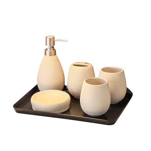 Bathroom Ceramic Accessories Set, 6 Piece Bathroom Set with Including Soap Dispenser Mouthwash Cup Soap Dish Toothbrush Holder Tray (White) - color: White