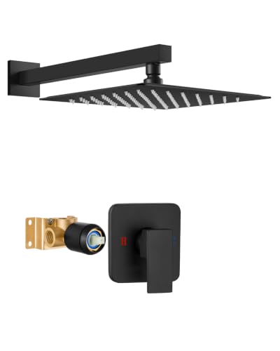 Heyalan 12 Inch Square Rain Shower Faucet Set with Valve, Matte Black | Female-thread 1/2-inch NPT connections, SUS304 shower head, brass rough-in valve, single-handle control Shower Set - color: Black, size: 12 Inch Square Shower Head