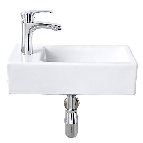 Small Corner Bathroom Sink,18x10 Wall Mount Vessel Sink with Faucet | Rectangle White Porcelain Ceramic Hnad Wash Vanity Sink, Left Hand,Space-Saving Design, Easy to Install & Clean - color: White, size: 18" L x 9.8" W (Left Hand)