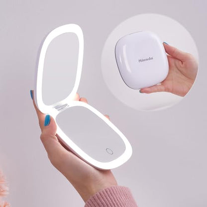 Mocado Compact LED Magnifying Travel Makeup-Mirror - 4 inches 1X/10X Magnification Small Hand Pocket Dimmable Double Sided USB Rechargeable Touch Screen, Portable Tabletop Cosmetic (White) | Double Sides Lighted, 3 Colors Lighting, 0-100% Brightness, Diam