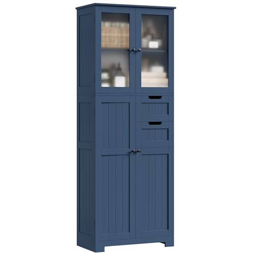 BOTLOG 67'' Tall Bathroom Storage Cabinet, Linen Cabinet with Glass Doors and Adjustable Shelves, Kitchen Pantry with 2 Drawers for Bathroom, Living Room, Dining Room, Blue | 2 Drawers, Linen Bathroom Cabinet with Glass Doors and Shelves for Living Room,