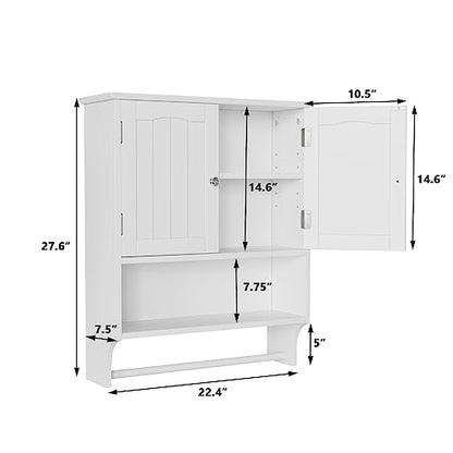 Smuxee White Bathroom Cabinet Wall Mounted with Towels Bar, Bathroom Medicine Cabinet with 2 Door Adjustable Shelves, Over Toilet Cabinet for Bathroom Laundry Room Kitchen - color: White Big With Towels Bar