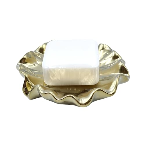 Ceramic Soap Dish Self-Draining Lotus Leaf Soap Holder Soap Saver for Bathroom,Kitchen,Sink,Bathtub(Gold) - color: Gold