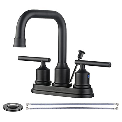 WOWOW Bathroom Faucet Black 4 inch Bathroom Sink Faucet Centerset Lift Rod Drain Stopper 2 Handle Lavatory Vanity Tap High Arc Modern - color: Black, style: Centerset - 4 Inch