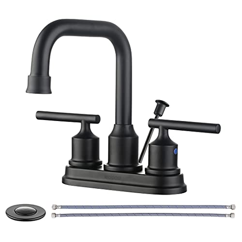 WOWOW Bathroom Faucet Black 4 inch Bathroom Sink Faucet Centerset Lift Rod Drain Stopper 2 Handle Lavatory Vanity Tap High Arc Modern - color: Black, style: Centerset - 4 Inch