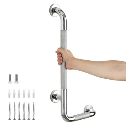 L-Shaped Grab Bars for Shower, 1 Pack, 24 x 12 Inch Stainless Steel, Right | Grab Bars for Bathroom; Diamond-Knurled Anti-Slip Grip; Wall-Mounted Safety Rail for Seniors; Mounting Hardware Included - size: Right