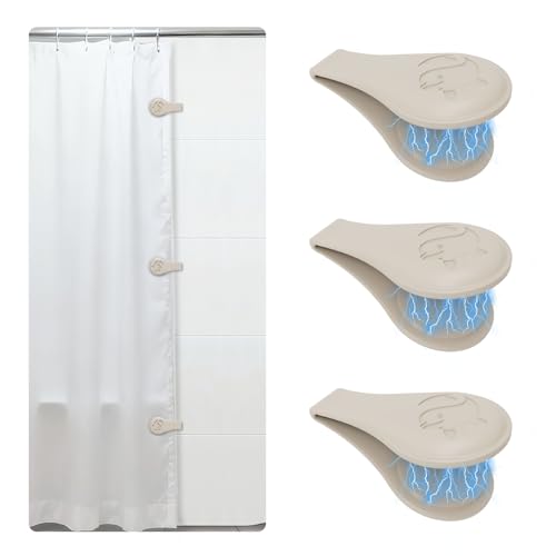 Magnetic Silicone Shower Curtain Clips for Liner 3 Packs (Light Brown) | Self Adhesive, Windproof Splash Holders, Prevent Water Splashing Out, Shower Curtains Keeper, Keep Curtain Closed to Wall - size: 3.3"W x 1"L (Pack of 3)