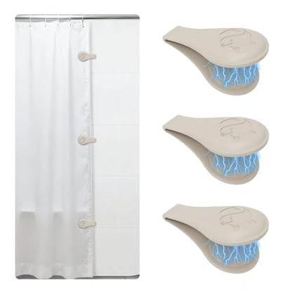 Magnetic Silicone Shower Curtain Clips for Liner 3 Packs (Light Brown) | Self Adhesive, Windproof Splash Holders, Prevent Water Splashing Out, Shower Curtains Keeper, Keep Curtain Closed to Wall - size: 3.3"W x 1"L (Pack of 3)