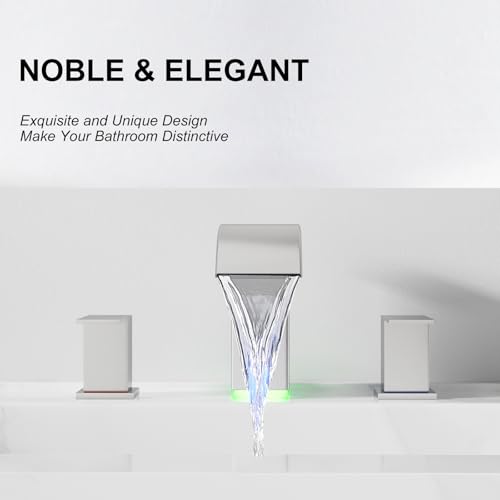 RUMOSE LED Bathroom Faucets Set 3 Hole Vanity Faucet with Pop Up Drain | Brushed Nickel Bathroom Sink Faucet, Widespread Waterfall, 3 Colors Light Changing, Stainless Steel, Deck Mounted - color: Brushed Nickel