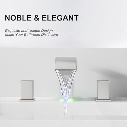 RUMOSE LED Bathroom Faucets Set 3 Hole Vanity Faucet with Pop Up Drain | Brushed Nickel Bathroom Sink Faucet, Widespread Waterfall, 3 Colors Light Changing, Stainless Steel, Deck Mounted - color: Brushed Nickel