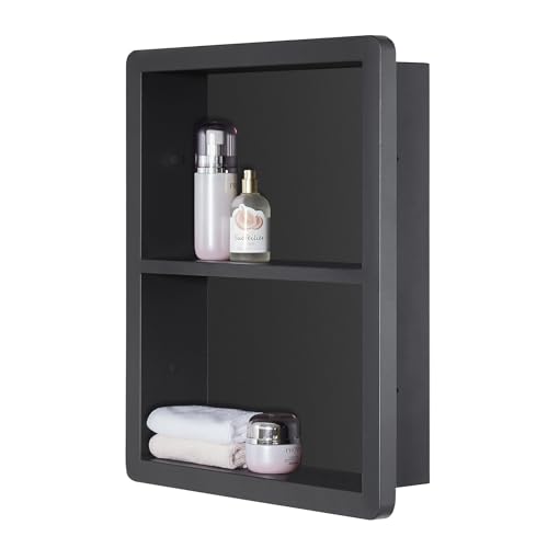 IDYLLOR Shower Niche 14x18, Recessed Medicine Cabinet Without Mirror, 304 Stainless Steel Bathroom Storage Cabinet with Shelf, Waterproof Wall Niche for Bathroom in Matte Black - color: Matte Black, size: 14"x 18"